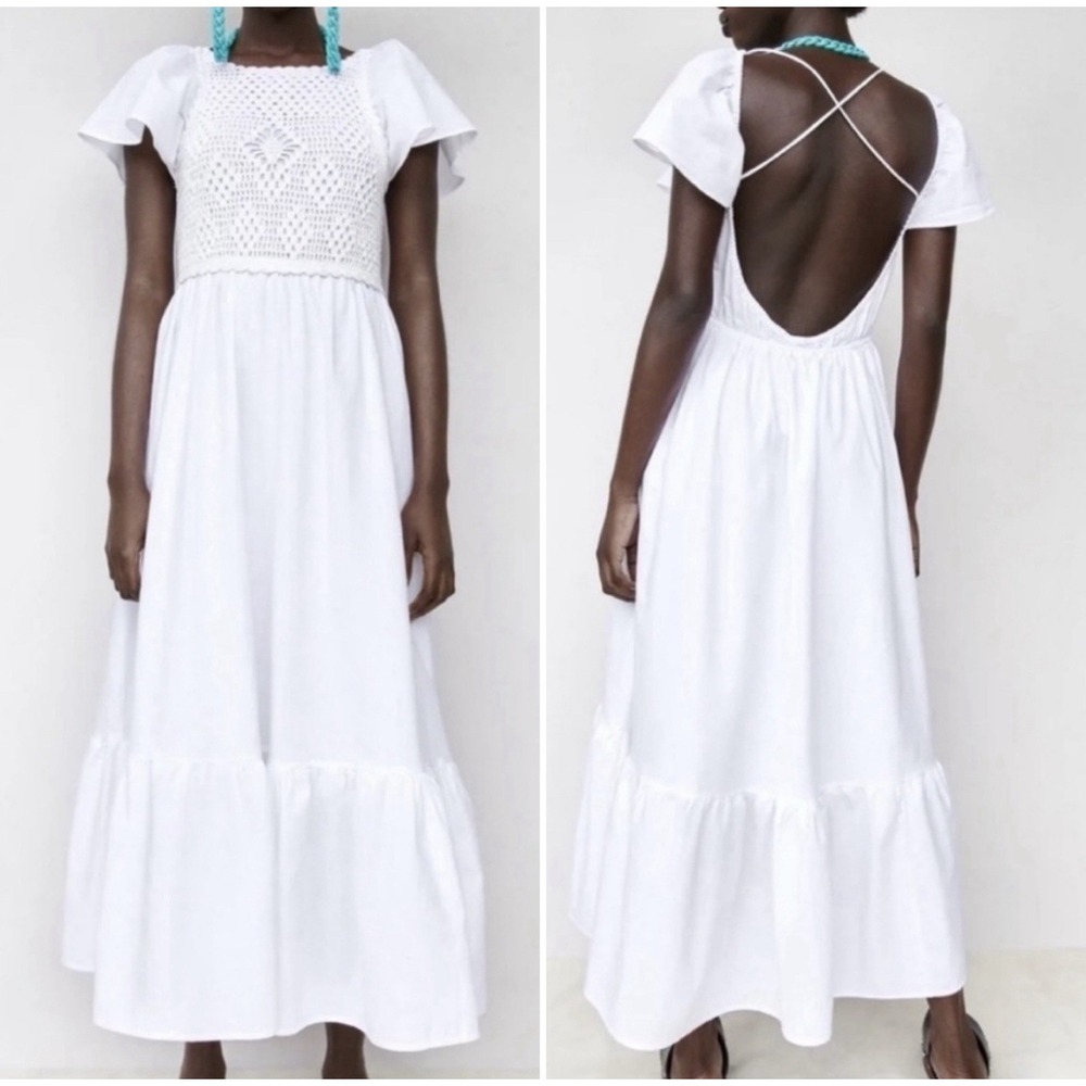 ENTRO Anthropologie Cotton Crochet Dress White Large/XL Open Back Beach Sundress